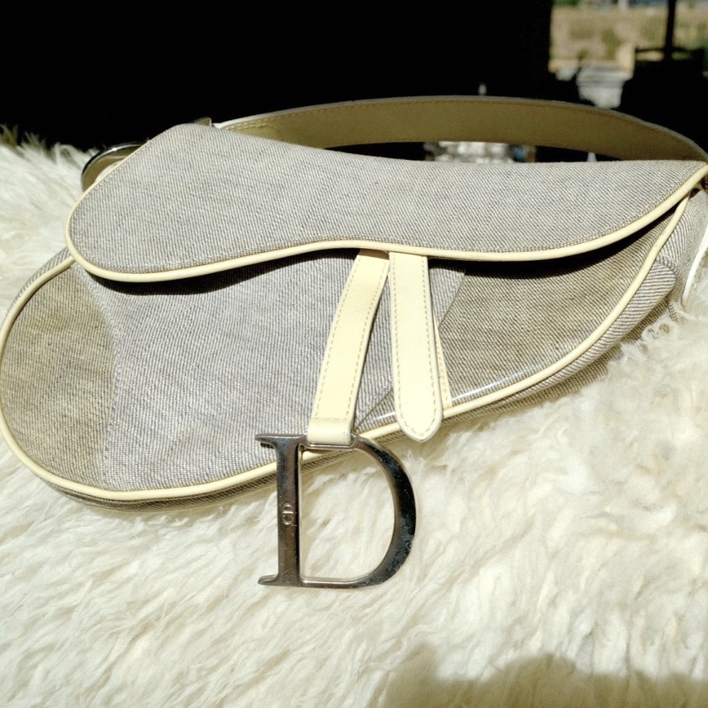 Vintage Christian Dior Gray Canvas Saddle Pochette Bag